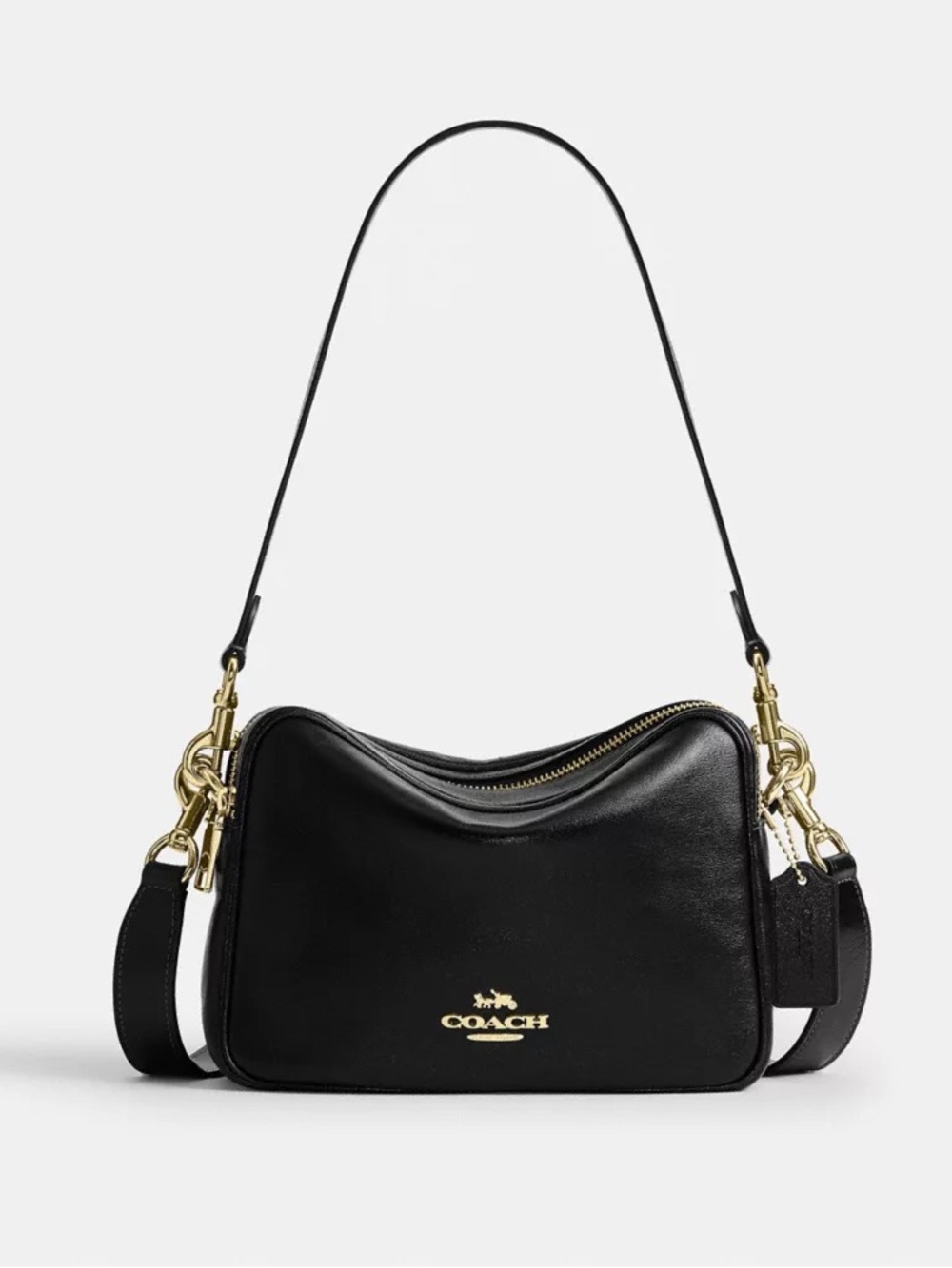 Coach Black Leather Double-Zip Camera Crossbody with Gold Hardware